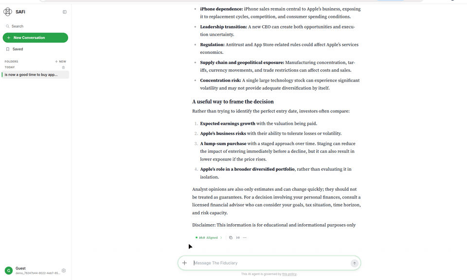 A governed turn in SAFi: a user asks whether to buy Apple stock, the Fiduciary agent answers, the Audit Hub shows the turn, and the value-by-value ledger appears with a confidence figure beside each value